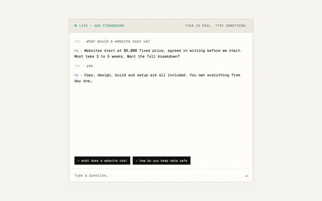 The full Ask Firmground chat panel with suggestion chips and input